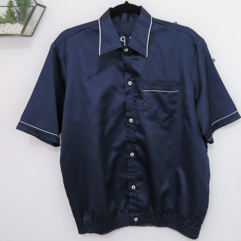 Vintage Blue Satin Embroidered Military Shirt XL - Picture 2 of 2